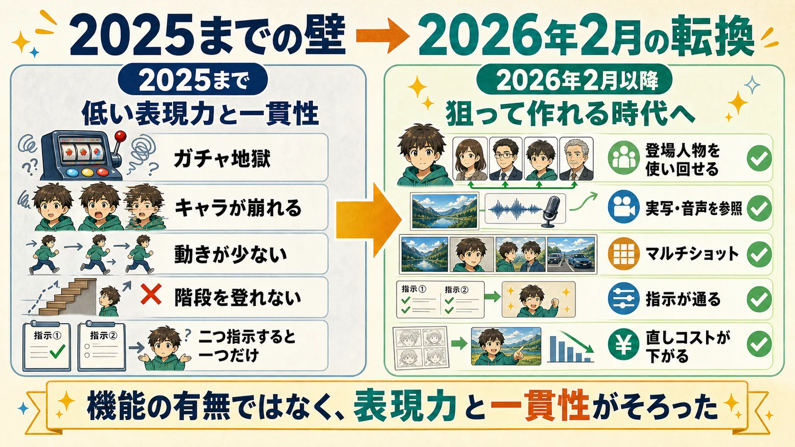 2025年までの低い表現力と一貫性の壁から、2026年2月以降に狙って作れる時代へ変わったことを示す対比図